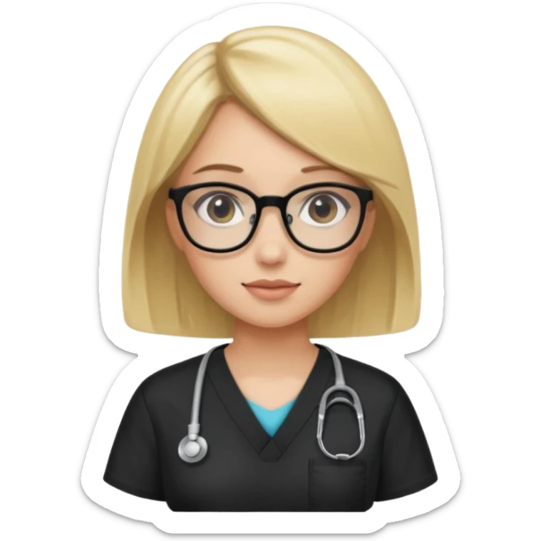 A girl in black scrubs with a blonde bob and glasses minus stethoscope  sticker