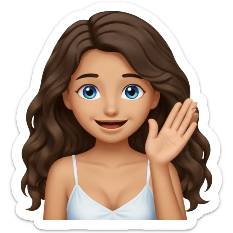Girl with olive skin, blue eyes, brown dark insanely wavy long hair, white camisole, giggling with hand over face sticker