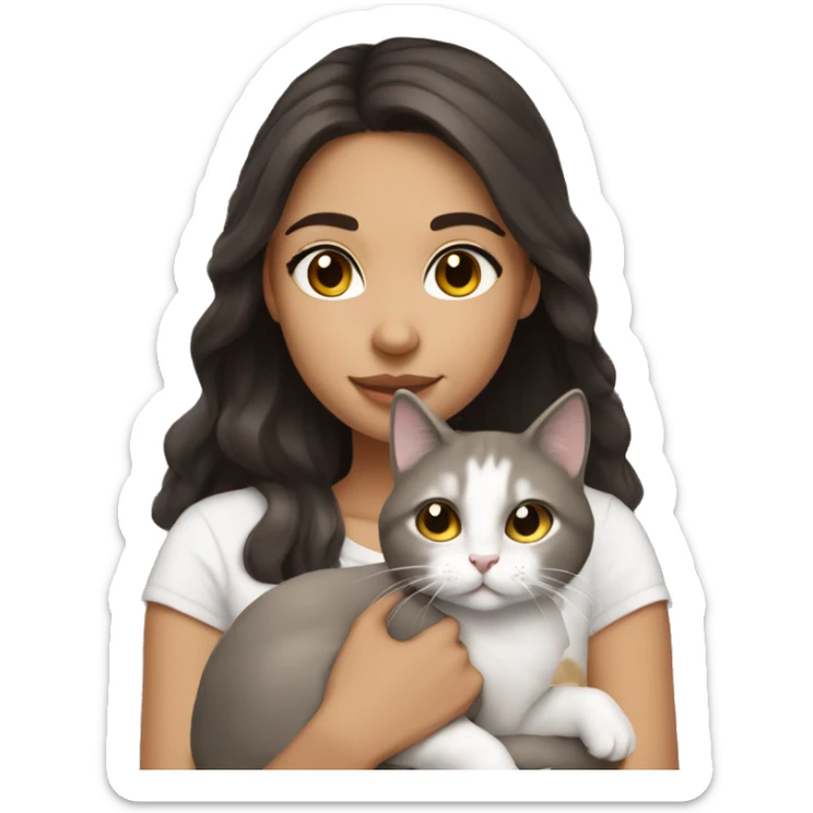 Latin girl, dark brown hair, hazel eyes holding white and grey cat sticker