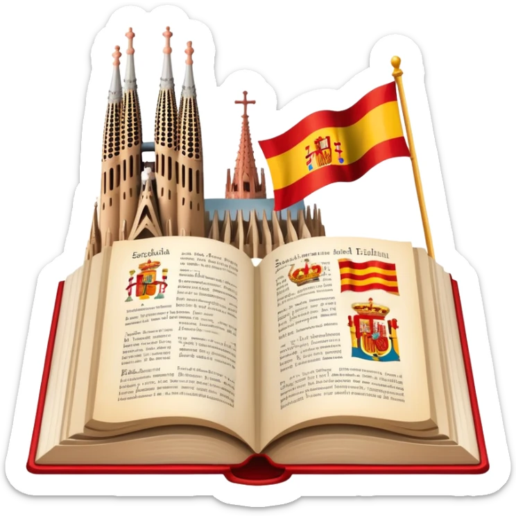 An icon featuring the Sagrada Familia and the flag of Spain, symbolizing the Spanish language. The design includes an open book with Spanish text and flamenco dancers, representing language learning and cultural heritage. Transparent background sticker