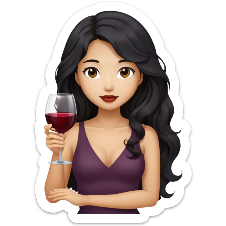 tan asian girl with black long wavy hair holding glass of wine sticker