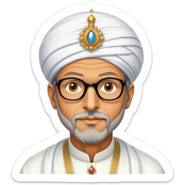 Jeff Goldblum no glasses as a regal portrait dressed as suleiman-the-magnificent,-depicted-as-a-regal-ottoman-sultan-adorned-with-a-large,-white,-round,-tall-turban-and-a-majestic-grey-beard,-his-commanding-gaze-bathed-in-warm,-historic-lighting-that-exudes-time with a large beard **no glasses** sticker