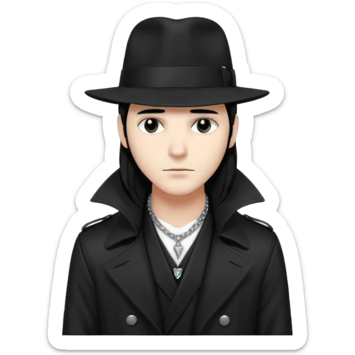 Male Goth with Fedora
 Sleek long hair, white skin, black trench coat, silver necklace visible under coat sticker