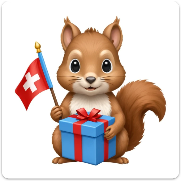 a squirrel holding a blue gift box in one hand and a red Swiss flag in the other, both objects clearly visible, simple white background, the gift is a different color from the flag sticker