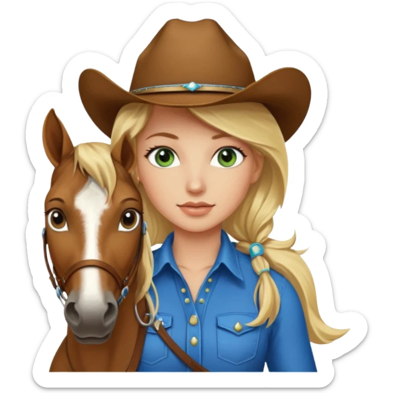 una cowgirl bionda con occhi azzurri/verdi sopra un quarter horse con criniera marrone sticker