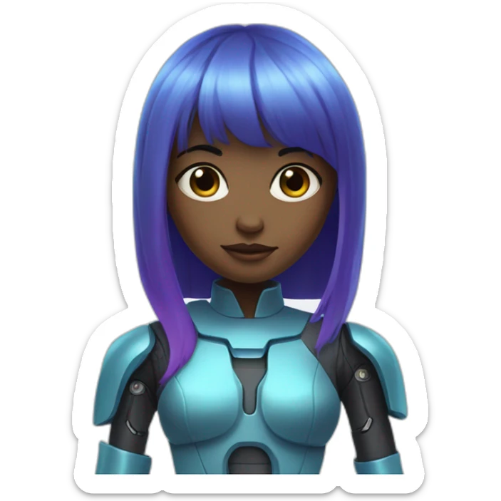 A girl with blue hair. She has dark skin. Her hair is very long and straight. Plus she has bangs. She has purple eyes. She has a robotic arm. She's wearing a sci-fi suit. sticker