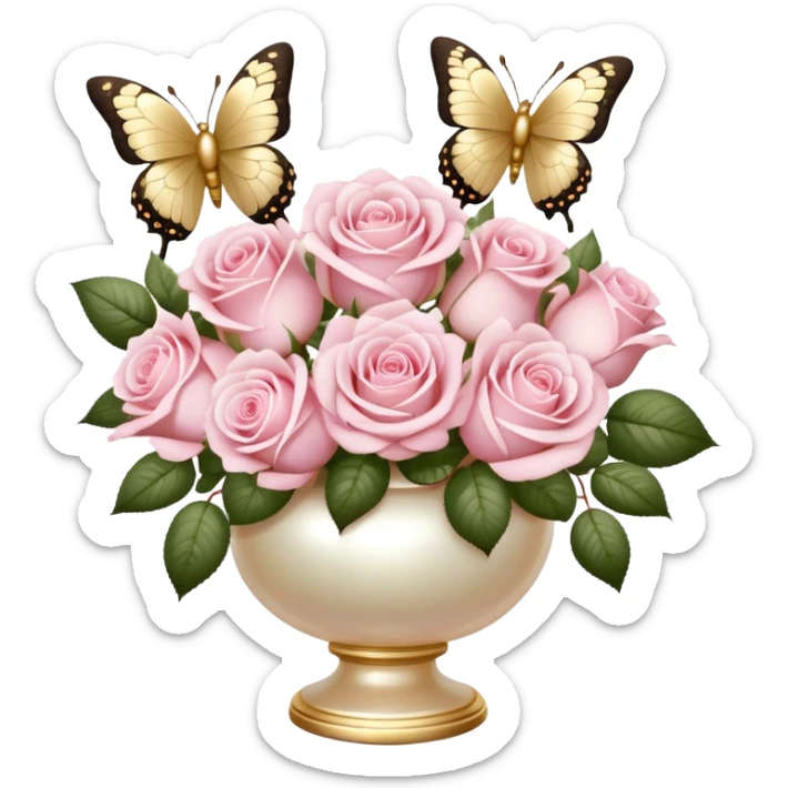 Realistic aesthetic bouquet of light pink roses in a pearl vase and a ivory bow with gold decoration and a butterfly with gold and beige wings sticker