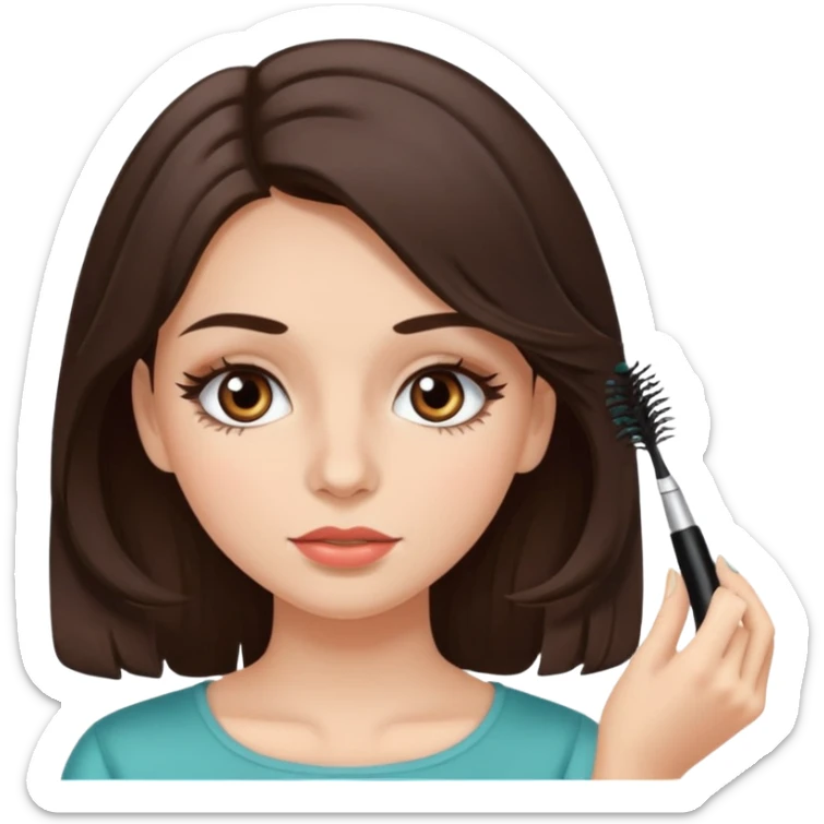Garota branca de cabelos levemente ondulados castanhos escuros médio aplicando máscara de cílios sticker