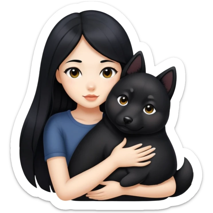 A beautiful girl with long black hair hugs a Black Shiba Lnu sticker