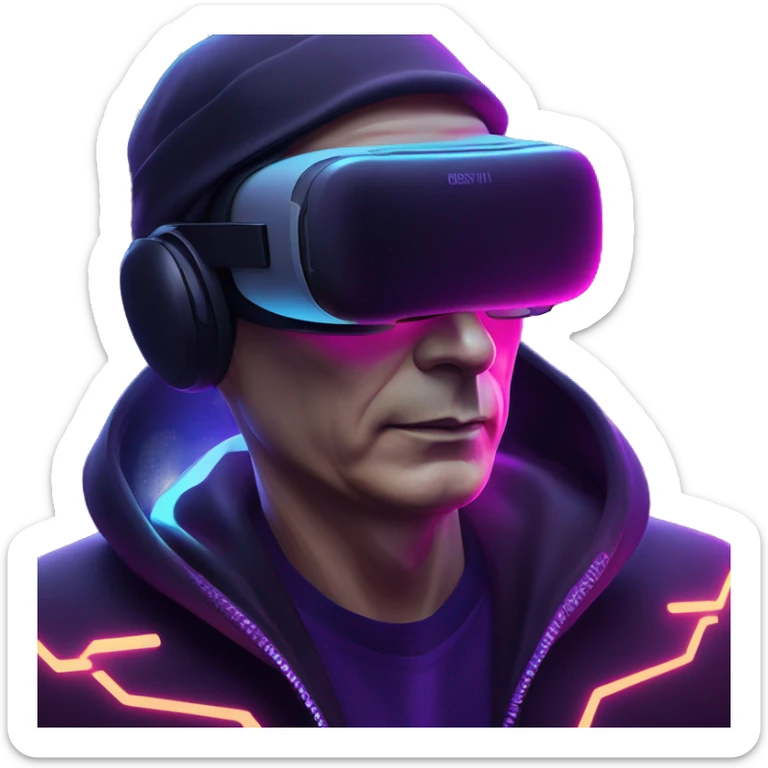 Vladimir Putin wearing a black hoodie with "OMG" letters on it and VR headset oculus quest 2 in a cyberpunk VR environment with violet neon lighting. sticker