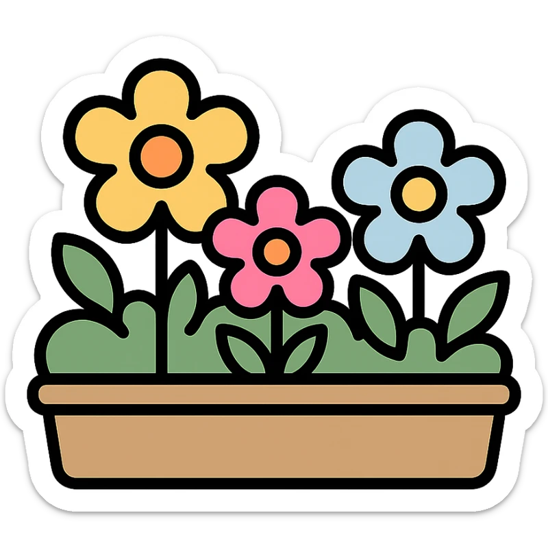 flower bed stylized with cartoonish flowers and soft pastel colors, color outline icon style sticker