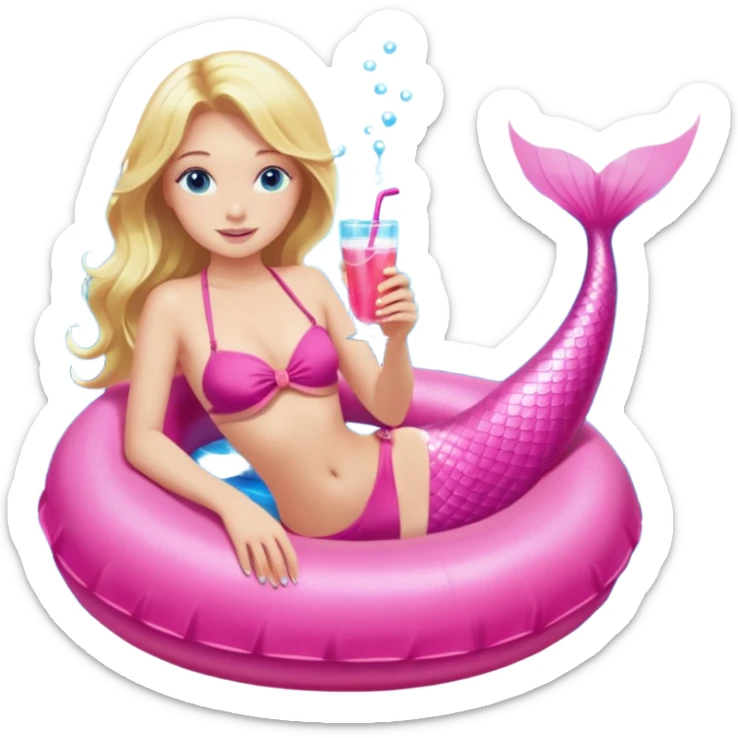  woman with blonde hair and blue eyes sitting in a pink pool tube in a blue pool sipping a drink wearing a pink bikini top and a pink mermaid tail  sticker