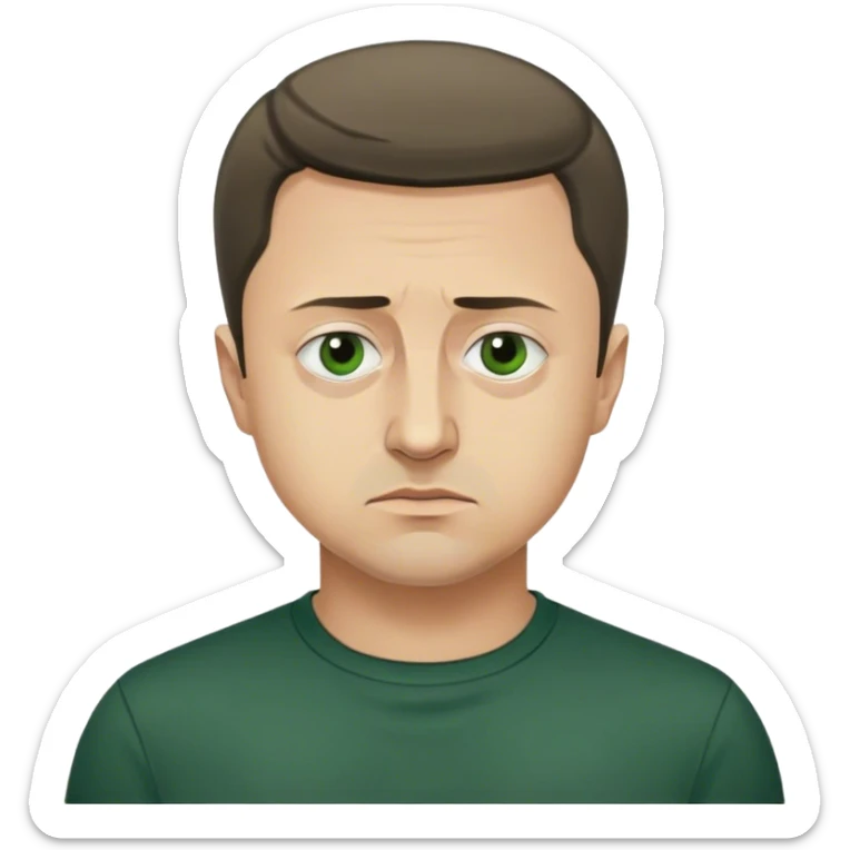 Photorealistic Vladimir Zelensky, sad. dark green shirt sticker