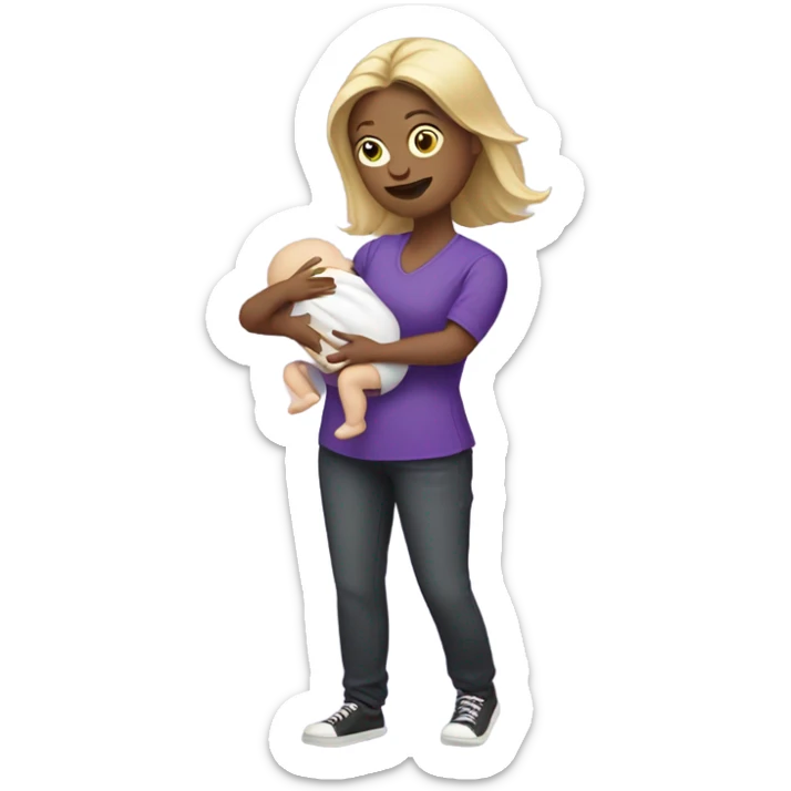 White Women in purple shirt rocking baby, but money instead of baby sticker