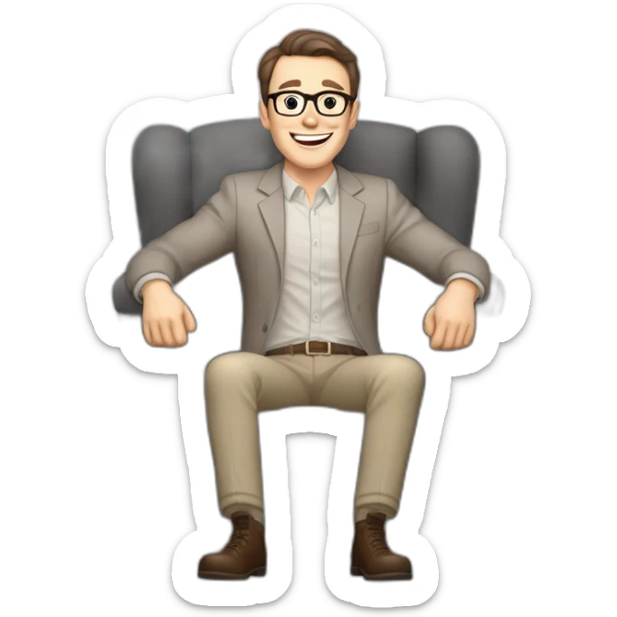 Joyful Celebrating victory Hands up Pale skinned Fit Man With dark brown hair in gray jacket, beige office shirt, Brown pants and vintage glasses sitting In a soft chair sticker