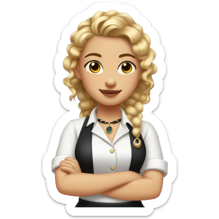 Waitress with white shirt and black apron, curly dirty-blonde hair in a pony tail, hazel eyes, LOTS of bohemian jewelry and bracelets  sticker