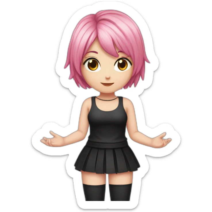 Full body Front view curvy emo girl pink hair sits on the floor straight view hands up black skirt белые трусики sticker