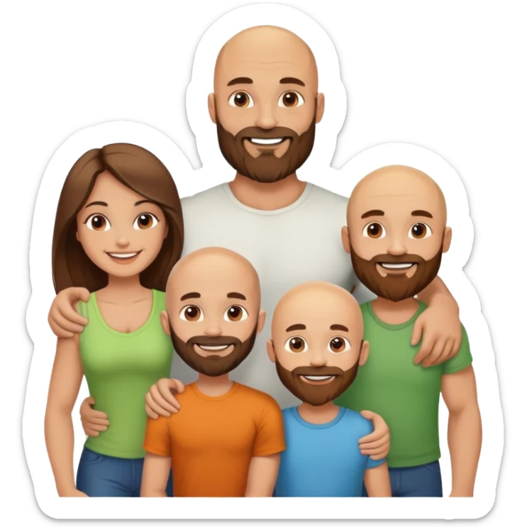 Happy Muscular Bald beard man and his hot wife with long brown hair and 3 sons sticker