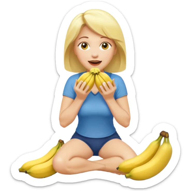 A blonde middle-aged woman kneels with two bananas in her mouth. sticker