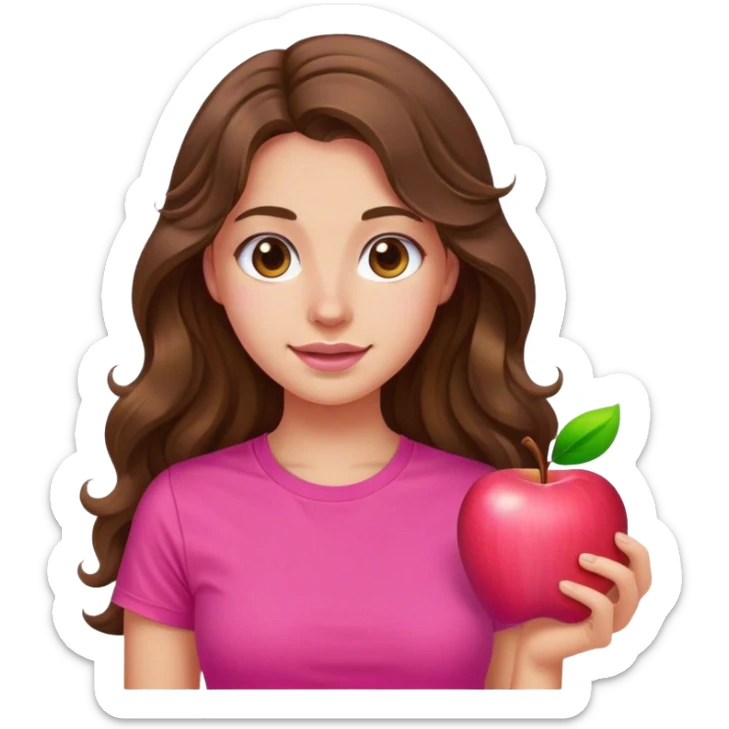 A young woman with long, wavy brown hair. She is wearing a vibrant pink T-shirt.  apple emoji style sticker
