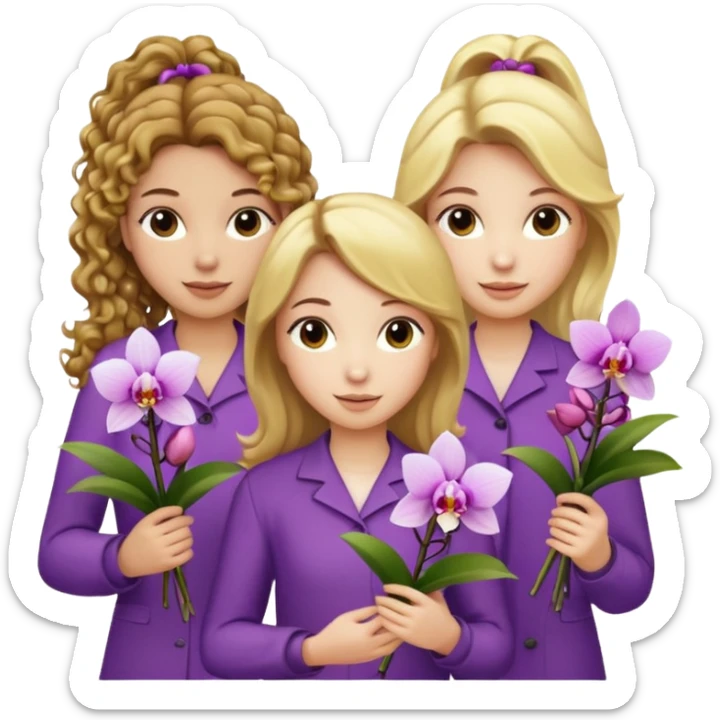 3 female musketeers, one with brown curly hair, one with straight blond hair, one with blond hair in pony tail, all holding orchids sticker