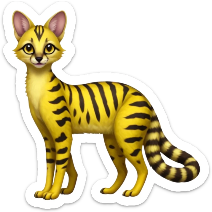 Lanky slender beautiful elegant hype-realistic, black-maned, vibrant yellow Genet-Serval-Civet-fusion-hybrid-furry-fursona, full body sticker