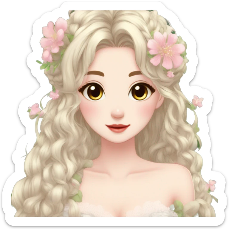 Cute gorgeous pretty attractive anime lady beautiful hair with gorgeous dress fairycore cottagecore detailed high quality trending VOGUE aesthetic sticker