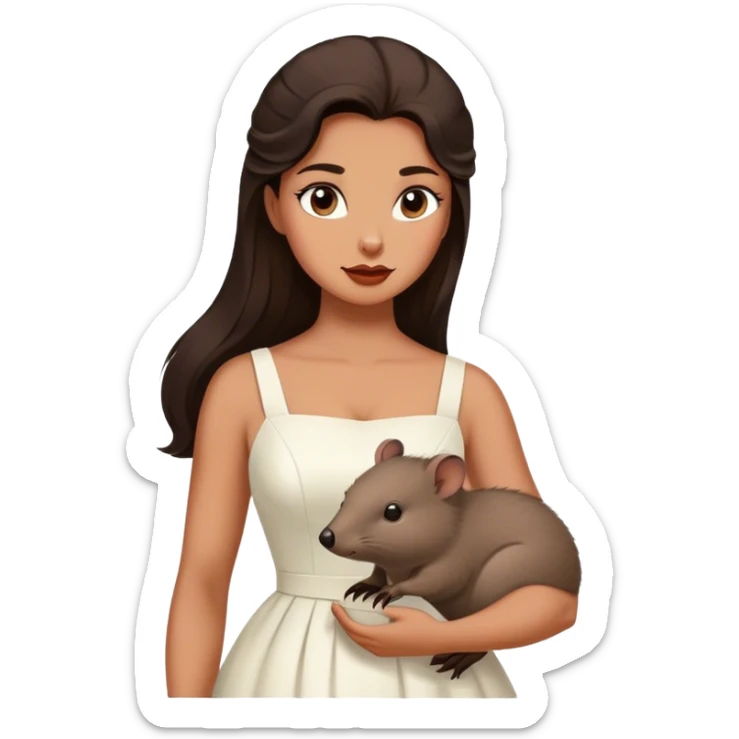 Beautiful woman in 1950’s woman fashion look, white dress, long dark brown hair, wombat sticker