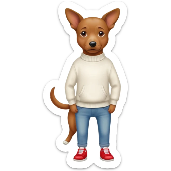 a brown dog standing up with hands in jean pockets wearing a white hoodless sweater and red shoes. sticker