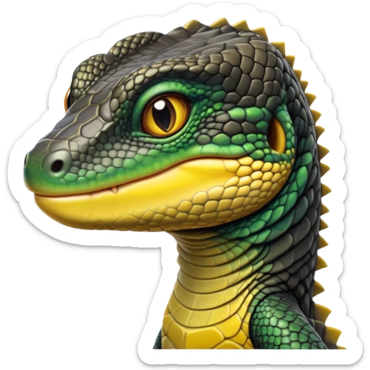 cinematic-realistic-cute-monitor-lizard-portrait-emoji,-head-tilted-playfully-and-inquisitively,-featuring-a-compact,-agile-body-with-finely-detailed,-glossy-scales-in-earthy-black and yellow-hues-and-a-distinct,-alert-face-with-bright,-curious-eyes, black , yellow spotted and green band  scales and a slender neck sticker