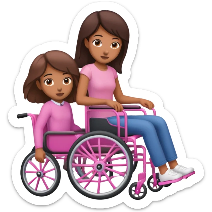 One tan skin sister pushing her brown skin sister in a pink wheelchair sticker