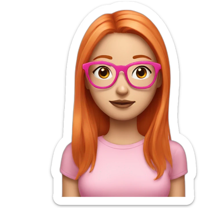 Ginger girl with makeup and pink glasses, shoulder length straight hair, middle part, wearing pink sticker