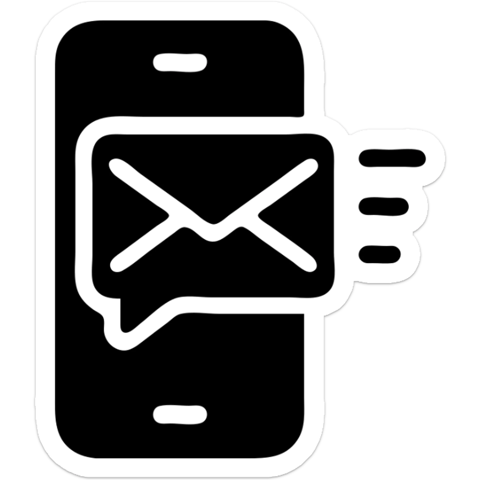 Minimalist icon of a phone with a notification or SMS. The phone body and envelope are solid black fill, but with more empty spaces left unfilled for readability, so it's clear that it's an SMS or notification on the phone. Transparent background. sticker