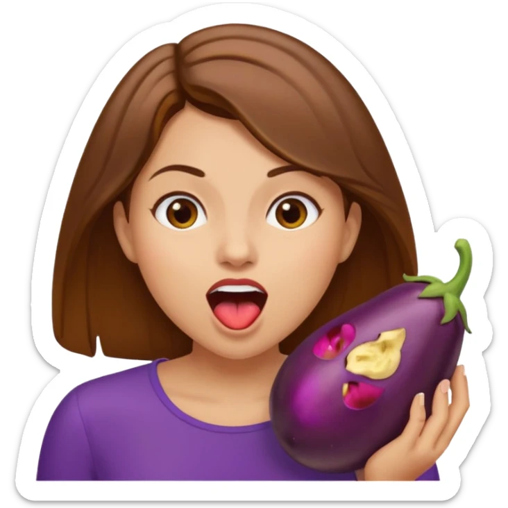 Brown hair light skin woman mouth open about to eat an eggplant sticker