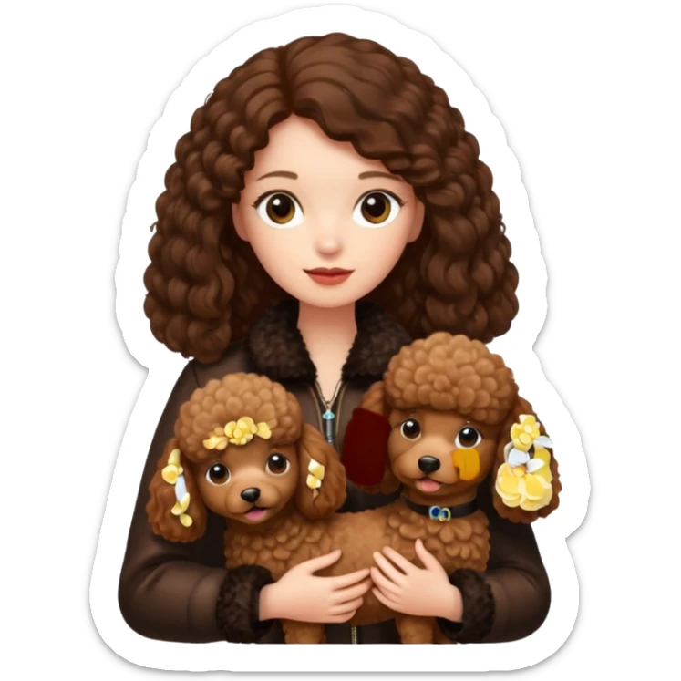 A girl who has long brown hair and wears a fur jacket holds a brown poodle sticker
