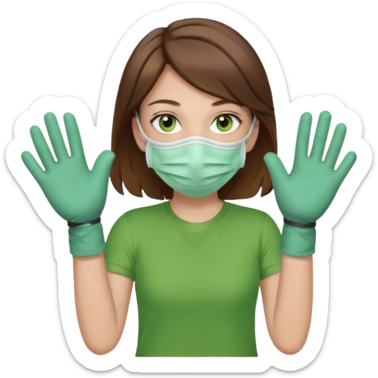Humano de pelo marrón y ojos verdes, con un cubre boca, que tiene una camisa verde por encima de una remera blanca, y tiene un guante sin dedos en una sola de las manos sticker