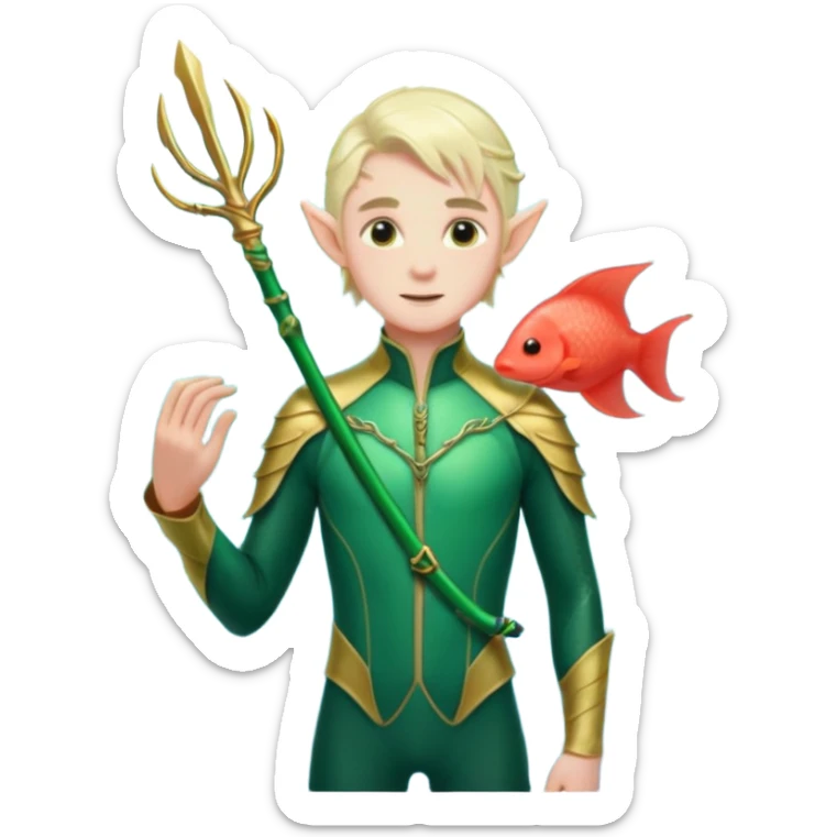 male elf in iridescent wetsuit, coral staff Gills on neck legolas sticker