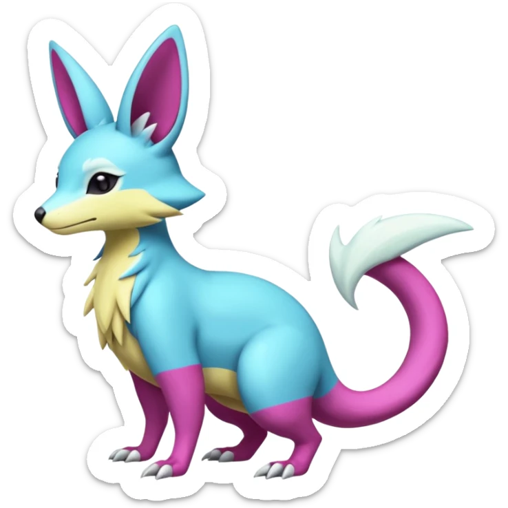 Shiny smooth silky soft Cyan-Yellowish-Magenta Minccino-Zeraora-Emolga-Vernid-Sergal-fusion-hybrid-animal-creature, full body sticker