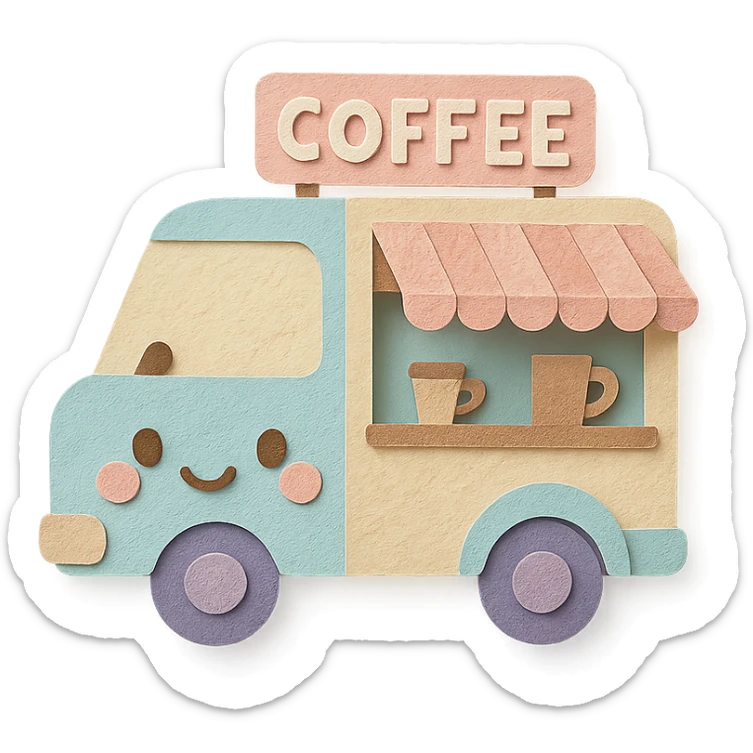 adorable mobile coffee truck, full body, pastel colors, kawaii face sticker