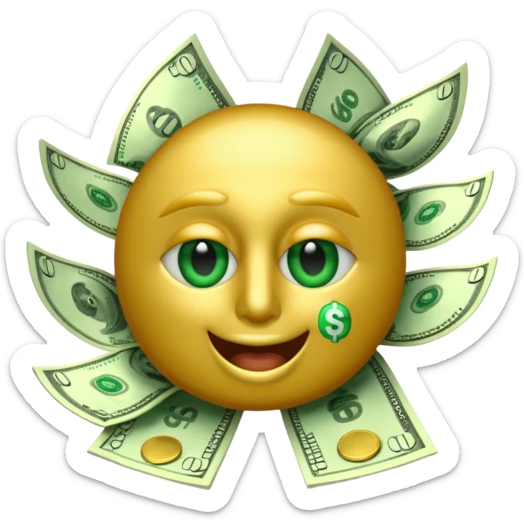 3D glossy money emoji, dollar-sign eyes, cash flying out of mouth, seamless loop, centered, transparent background sticker