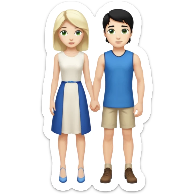 prince, standing upright, black Hair, blue eyes, garment,  woman, bending knee, sleveless white dress, blonde hair, green eyes, sticker