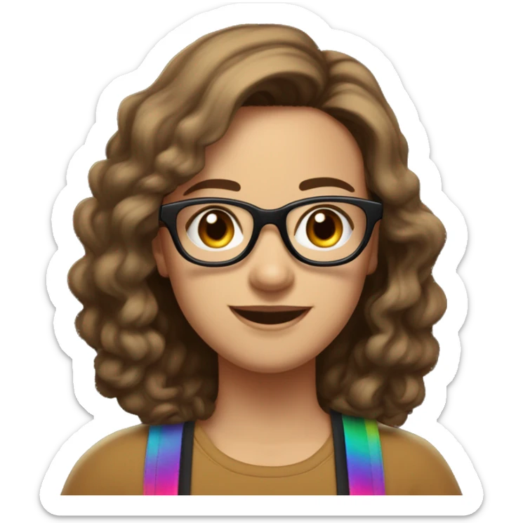 
Make an emoji of a woman, black glasses, brown hair, medium white skin color. Black T-shirt. Rainbow-colored suspenders, brown eyes, medium-sized mouth, with an incredible smile and a crown on his head sticker