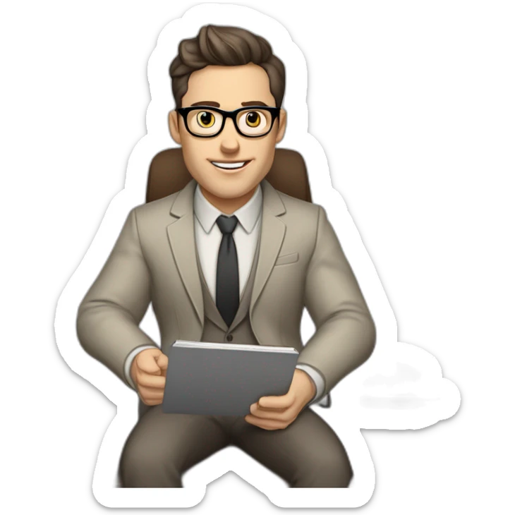 Pale skinned Fit Man With dark brown hair in gray jacket, beige office shirt, Brown pants and vintage glasses sitting In a soft chair with a notebook with emblem Ψ and a pen in his hands sticker