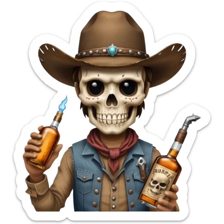 A rough and tumble cowboy with a 6 shooter and a bottle of whiskey. From the view of a bird looking down on the cowboy. Make the graphics dark and gritty in the style of your beeding skull art. Just a skull with a cowboy hat this rime sticker