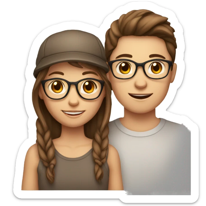 couple of teenagers, brothers with fair skin, brown hair, girl with glasses, and boy in a cap sticker