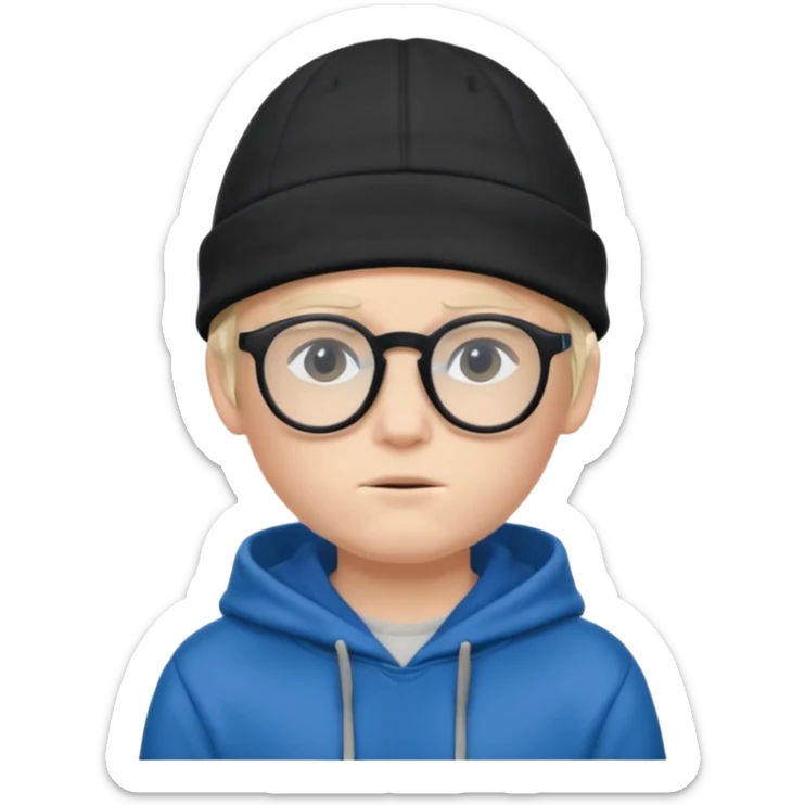 a shy boy wearing thick black glasses (nerd) and hide all his hair under a blue cap, wearing a normal hoodie (ios memoji) sticker