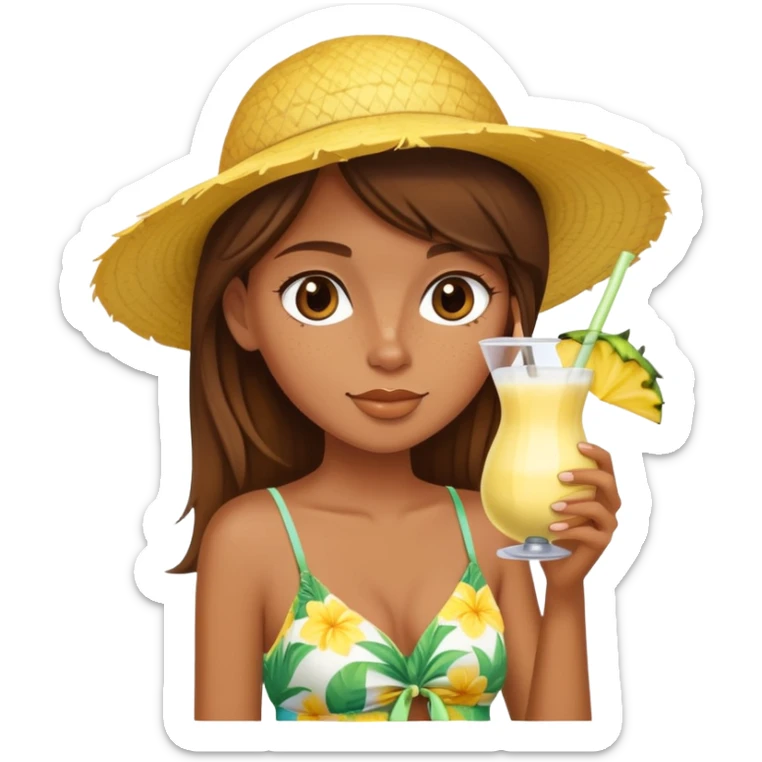 Very tan skinned girl with brown hair wearing a summer outfit sipping a piña colada sticker