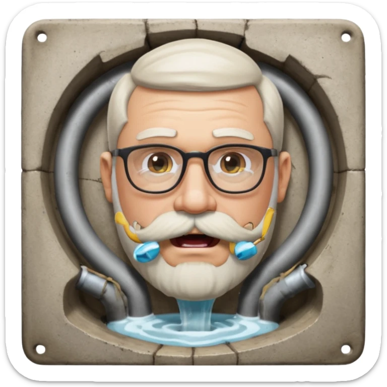 50 year old bearded and moustached white male wearing glasses with an open mouth. His mouth has been cast into a square frame made of concrete connected to a drain pipe. He is proud and thinks his right, while being slightly angry because the joke is on him. sticker