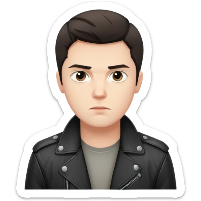 Danila Bagrov from Brother 2 movie, young Russian man with short dark hair, serious expression, wearing black leather jacket sticker