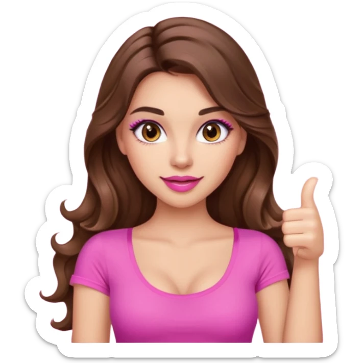 girl with long wavy brown hair, brown eyes, long lashes makeup, sexy pink lips, light to medium complexion, wearing a pink sexy top, thumbs up sticker